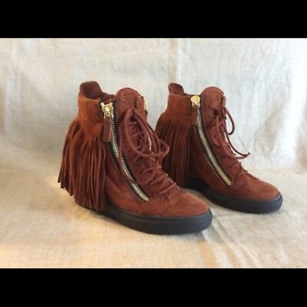 Giuseppe Zanotti Brown Suede Fringe Sneakers Wedge